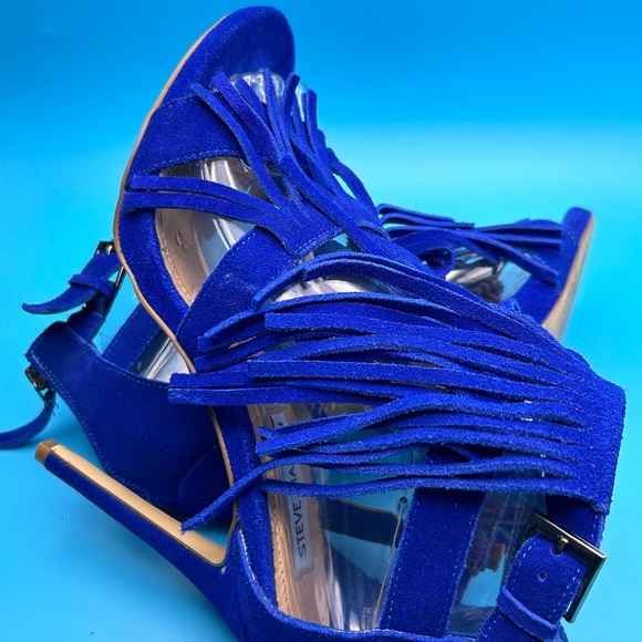 Steve Madden Bakirr Women Ankle Strap Fringe Cobalt Suede Sandals Size 7 EUC - Picture 13 of 13